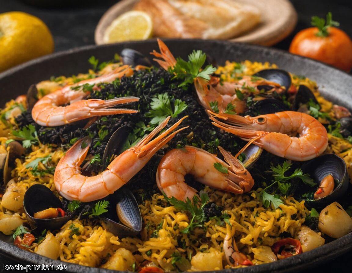 Mit Brühe ablöschen, aufkochen lassen - Paella Negra Rezept» Genuss aus dem Mittelmeer